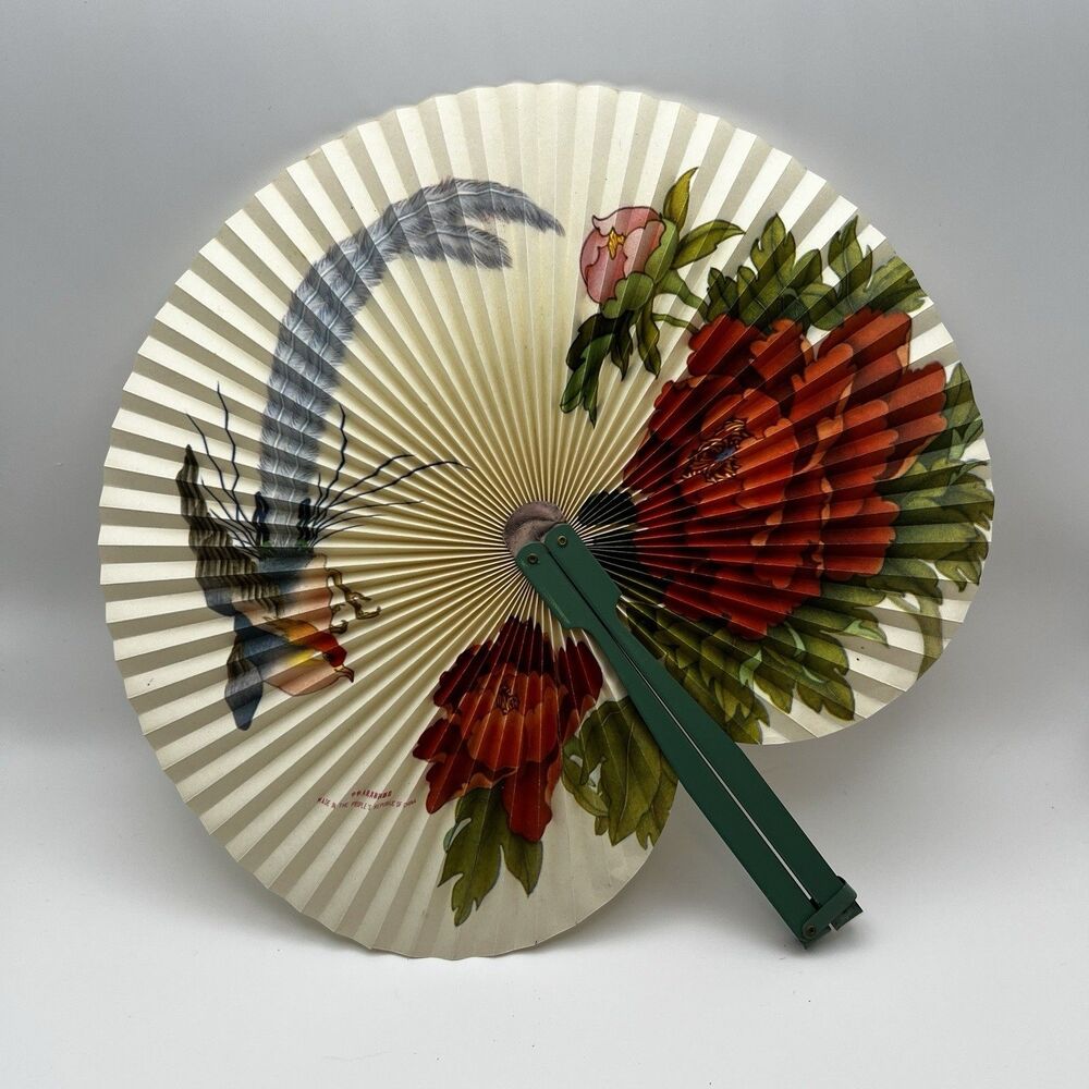 Vintage People's Republic of China Paper Metal Folding Hand Fan Floral & Bird